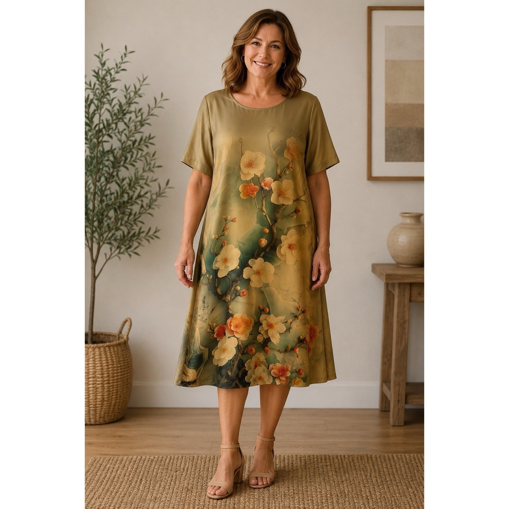 Metalicus Floral Shift Dress Women's Large Beige Midi Asian Inspired Sateen Art‎
